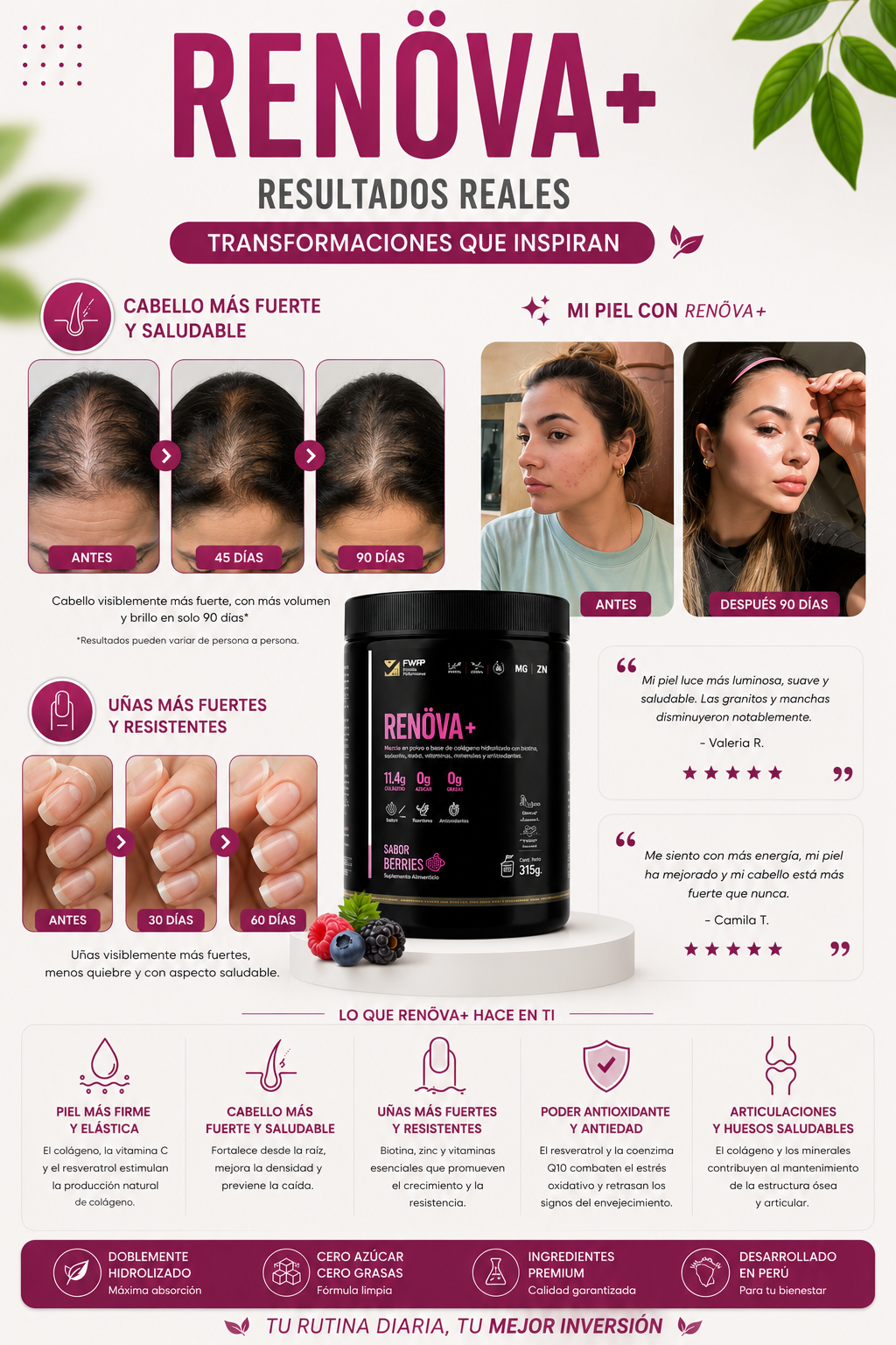 RENÖVA+ Colágeno Hidrolizado Premium | Piel, Cabello y Articulaciones